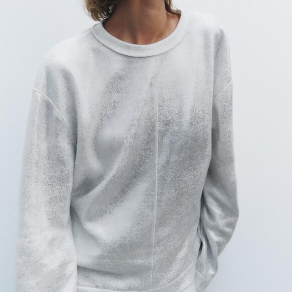 BNWT ZARA SOFT METALLIC SWEATSHIRT OVERSIZED ROUND NECK LONG SLEEVE SILVER SMALL - Picture 3 of 10